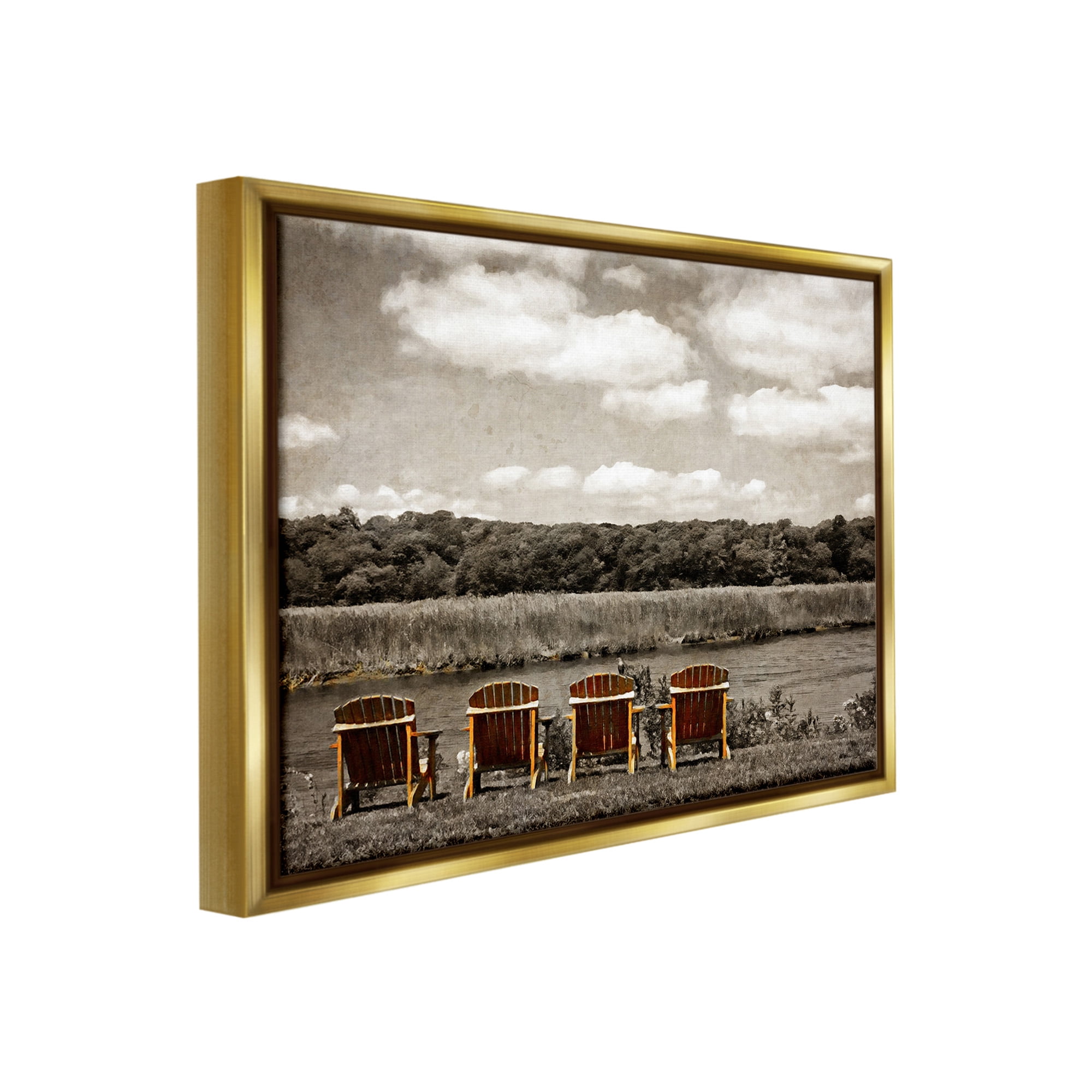 Stupell Industries Adirondacks Lake View Landscape Painting Gold Floater Framed Canvas Art Print Wall Art, 31 x 25
