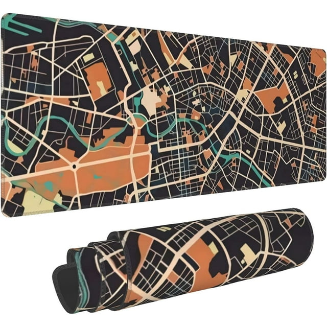Gaming Mouse Pad XL Extended Large Mousepad with Nonslip Rubber Base Stitched Edges Laptop Desk Pad Computer Keyboard Desk Mat for Company Office Home Gamer Gift (Black and Orange City Street Map)