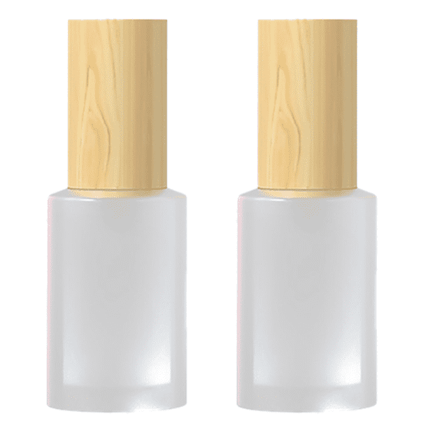 2 botellas de bomba de loción de vidrio esmerilado con cubierta de veta de madera, envases de cosméticos vacíos rellenables, botellas dispensadoras de bomba de maquillaje de viaje para