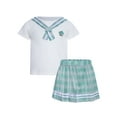 thumbnail image 3 of Miutii Kids Girls Skirt Set Japanese Sailor School Uniform Outfit Short Sleeve T-Shirt with Plaid Pleated Mini Skirts Green 7-8, 3 of 5