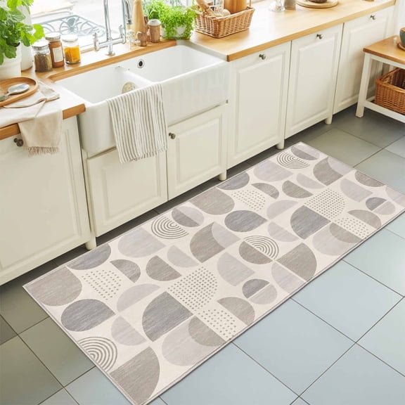 Abstract Semicircles Washable Runner Rugs 2'x6', Boho Art Modern Taupe Sand Geometrics Washable Runner Rug Non-Slip Sturdy Edge Binding Carpet for Bedside Hallway Runner Kitchen Galley