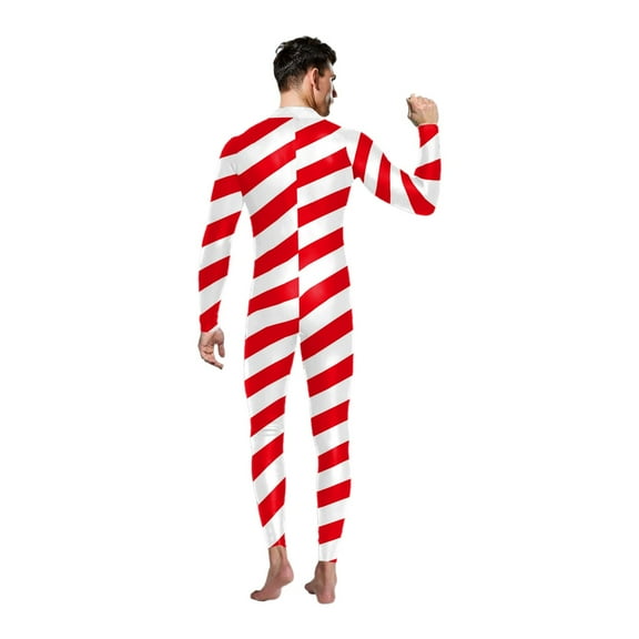 FYDUU Mens Christmas Candy Cane Striped Leotard One Piece Full Body Suits Christmas Candy Cane Bodysuit Jumpsuit For Men Stage Performance Wear L