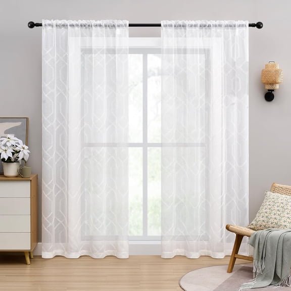 White Geometric Embroidered Sheer Curtains Moroccan Hexagonal Sheer Curtains for Living Room Bedroom Lattice Light Filtering Rod Pocket Voile Crushed Window Drapes, 2 Panels set
