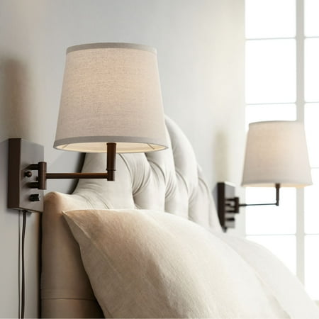 

360 Lighting Modern Swing Arm Wall Lamps Set of 2 Painted Bronze Plug-In Light Fixture Oatmeal Linen Empire Shade Bedroom Reading