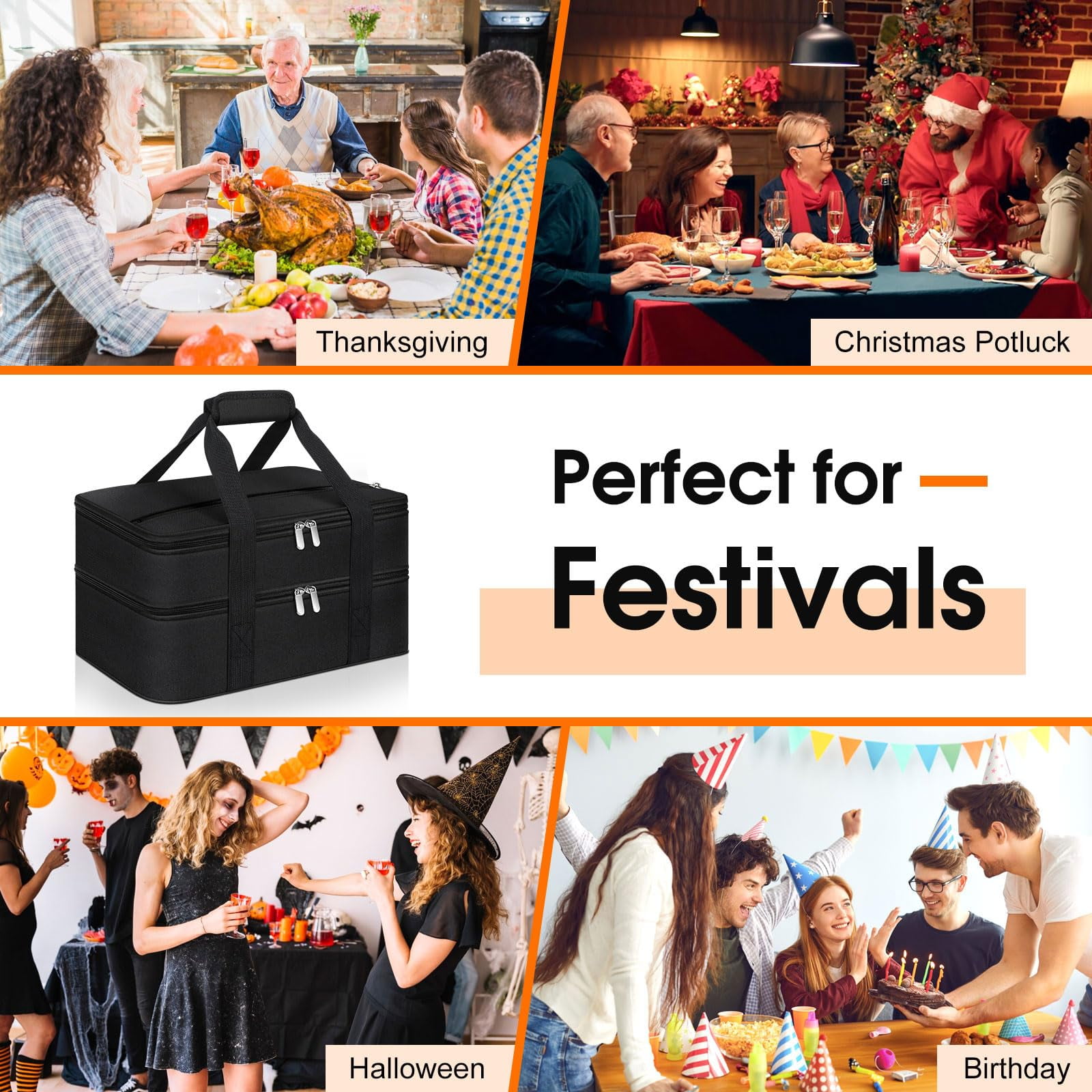 Double Insulated Casserole Carrier - Portable Hot & Cold Food Lunch Tote, Lasagna Carrier for Potluck Parties, Fits 9" x 13" Baking Dish, Black