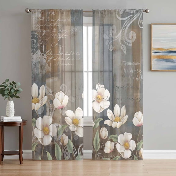 White Floral Sheer Curtains 72 Inch Length 2 Panels Set, Spring Farmhouse Vintage Flower Leaf Plant Voile Window Treatment Rod Pocket Curtains Sheers Drapes for Bedroom/Living Room/Kitchen 52"x72"x2