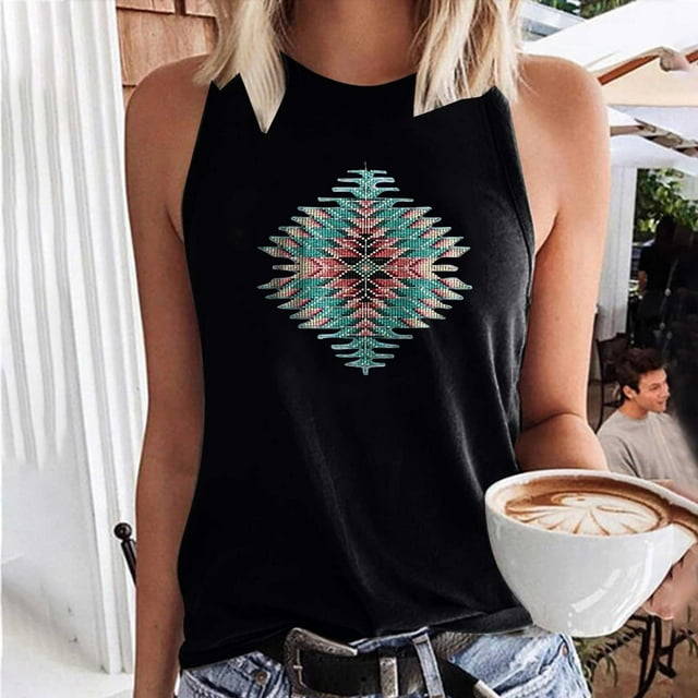 Pntutb Hauts Sans Manches pour Femmes Mode Femmes Imprimé Col Rond Tunique Sans Manches Tee Tops Flash Picks