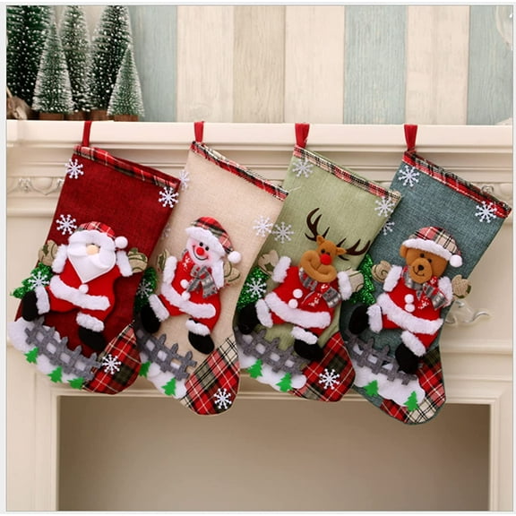 KUCASI 4PCS 12" Christmas Stocking Classic Large Stockings Santa Snowman Reindeer Bear Xmas Character for Family Holiday Christmas Party Decorations