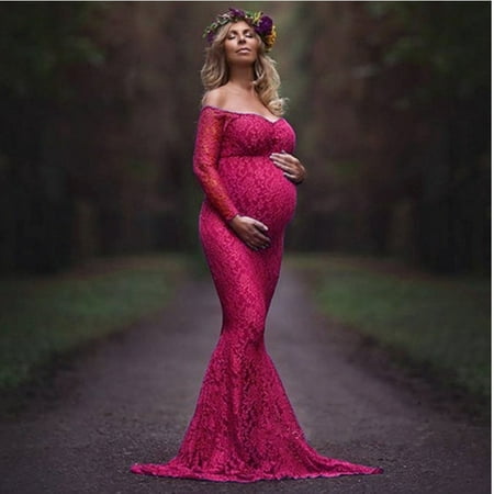 

FAKKDUK Women s Off Shoulder Long Sleeve Lace Maternity Gown Mermaid Maxi Photography Dress Baby Shower Dress Red&XXL