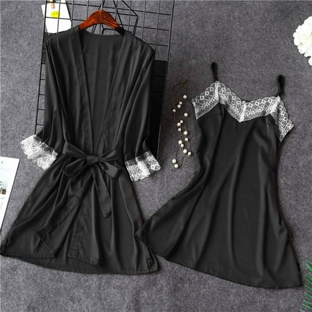 GENGING Lingerie for Women 2PC Women Lace Sleepwear 2024 Satin Sleepwear Bath Robe Lingerie Pajamas Nightdress Underwear