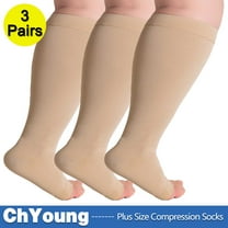(3 Pack) Big and Tall Compression Socks for Women and Men 20-30mmHg Open Toe Wide Calf - Plus Size Compression Support Hose Wide Calf for Swelling Pain Recovery Nursing Beige, 4X-Large,ChYoung