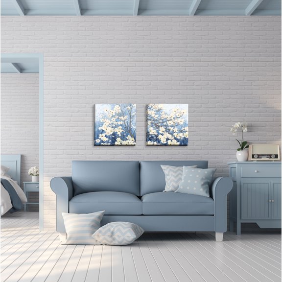 Gango Home Decor Contemporary Dogwood Blossoms I & II Indigo; Two 16x16in Hand-Stretched Canvases
