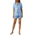 thumbnail image 1 of Franhais Casual Women Pajamas Set, Short Sleeve Lapel Collar Tops+ Elastic Waist Stripe Shorts, 1 of 9