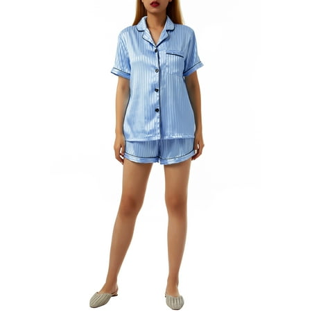 

Women s Striped Silky Satin Pajamas Set Short Sleeve Lapel Collar Buttoned Shirt Tops Elastic Waist Stripe Short Pants Sleepwear