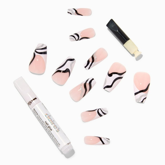 Claire's Swirl Glitter Tip Squareletto Vegan Faux Nail Set - 24 Pack
