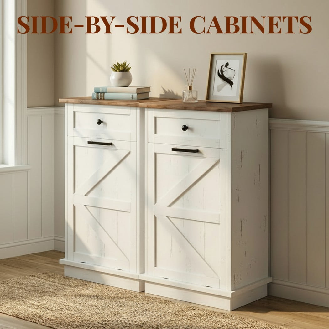 Tilt Out Trash Can Cabinet, 10 Gallon Garbage Can Storage Cabinet with Drawer, Freestanding Kitchen Recycling Cabinet for Laundry Room Living Room, Brown+White