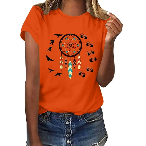 PNTUTB Ladies' Orange Shirt Print T-Shirt Round Neck Short Sleeve Top