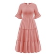thumbnail image 3 of Txlixc, vestido Midi informal de verano para mujer, vestido fruncido de manga corta acampanado de Color sólido, vestido holgado de línea A a la moda Txlixc Moda, 3 of 5