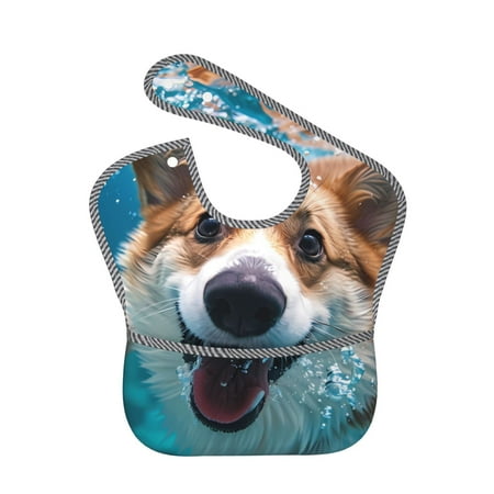

Bingfone Mess-Proof Baby Bib - Waterproof Bib for Baby Boy or Girl with Food Catcher Pocket Unisex-Sea Swimming Corgi