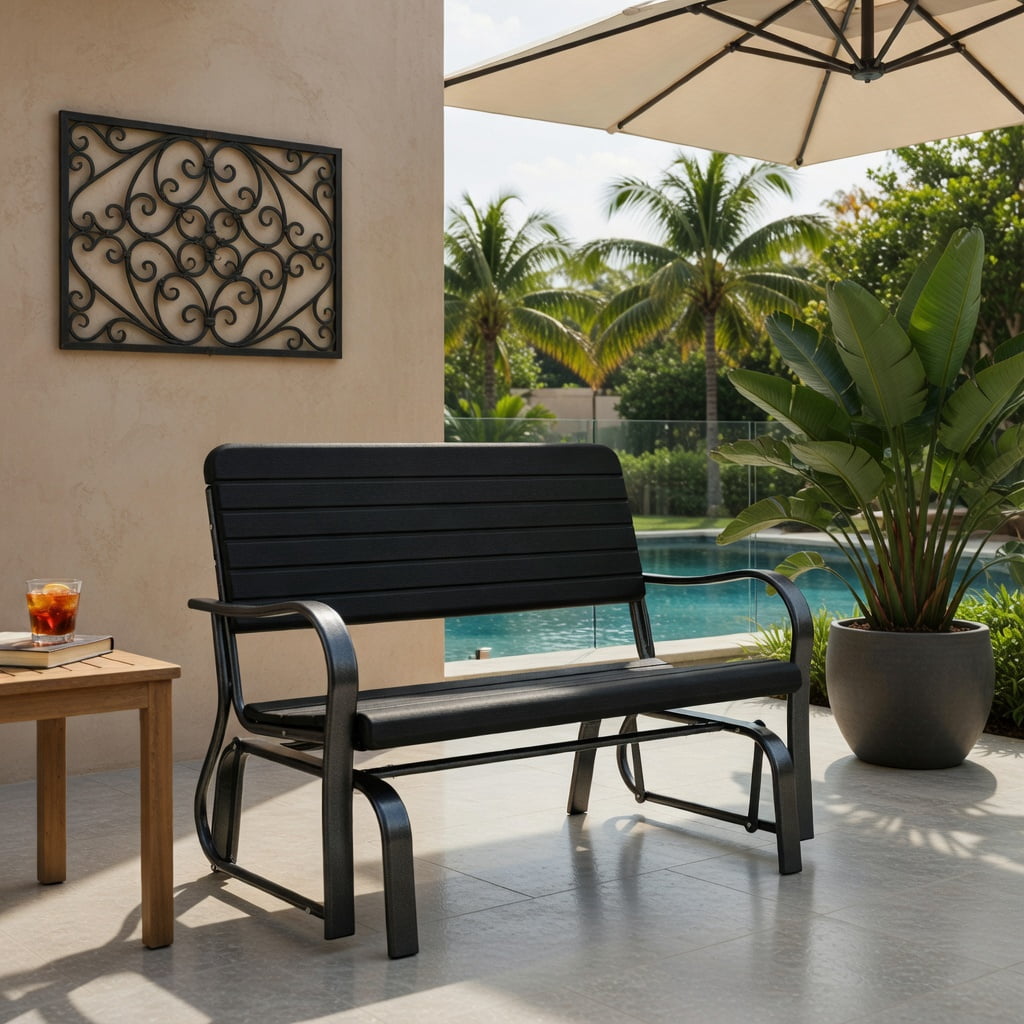 Hommoo 2-Seat Outdoor Porch Glider Chair with Heavy-Duty Steel Frame & Weather-Resistant HDPE Slats, Black