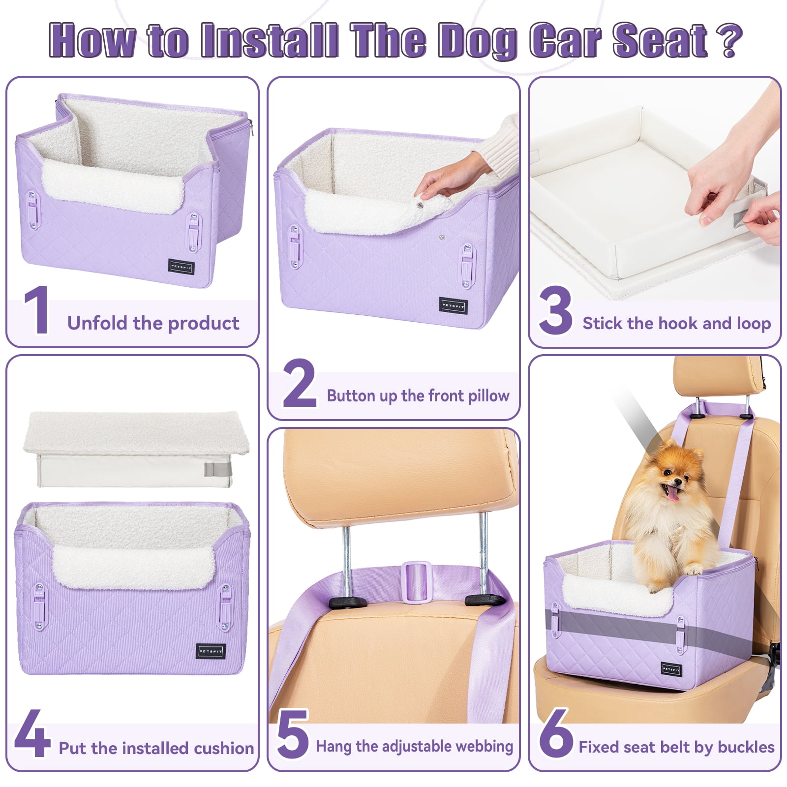 PETSFIT Small Dog Car Seat, Puppy Portable Dog Booster seat for Car with Clip-On Leash, Adjustable Straps Suitable for Small Pets Up to 25lbs (Lavender Purple)