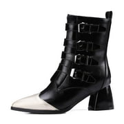 IELGY Women's ankle boots large size color matching zipper pointed toe low-cut chunky heel mid heel popular Black