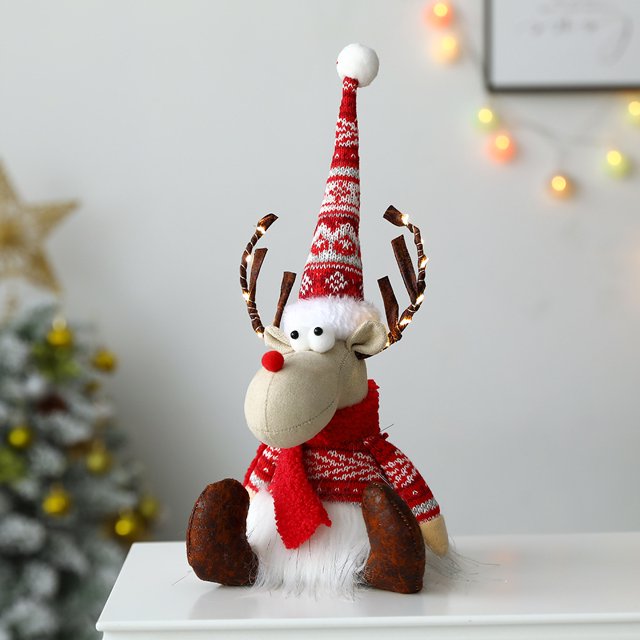 Adornos navideños de peluche iluminados con caja de regalo, bastón de caramelo, cuerno de alce cálido