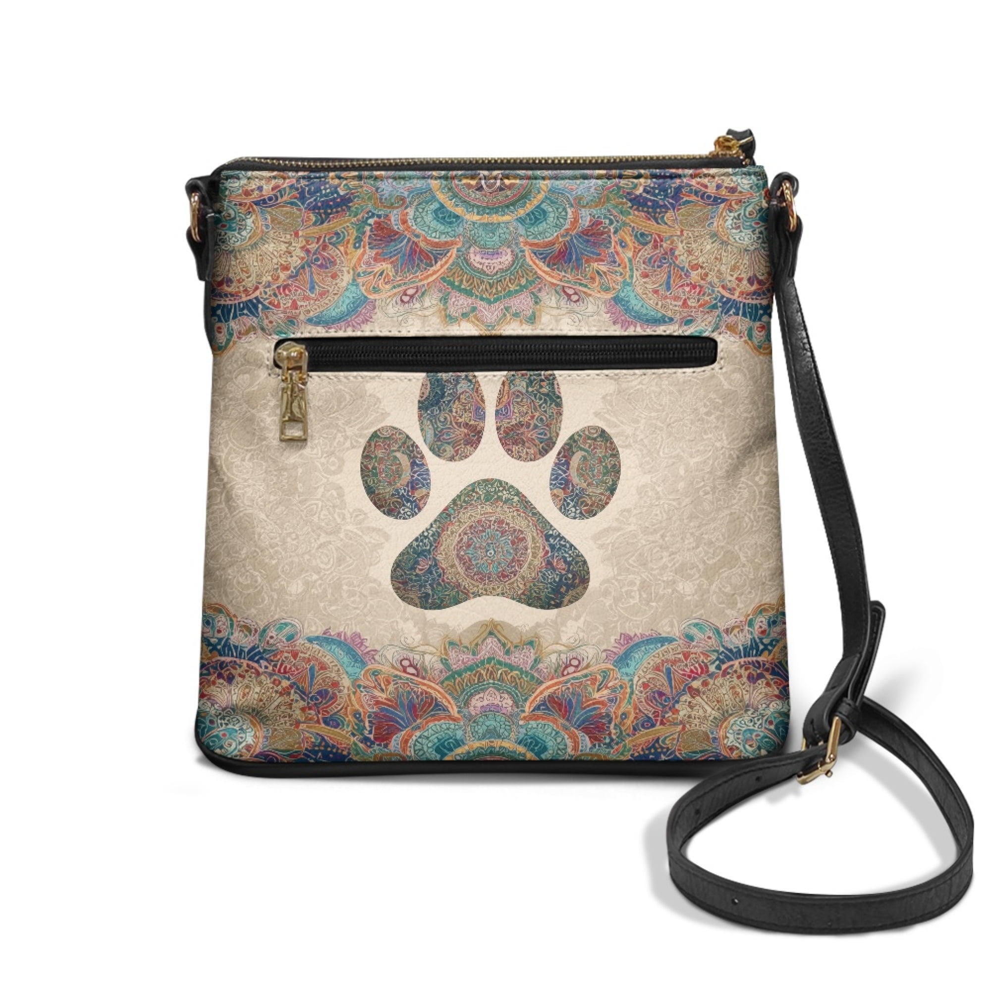 Kuiaobaty Paw Print Leather Crossbody Bag for Women, Boho Mandala Flowers Print Shoulder Handbag with Adjustable Strap, Waterproof Sturdy Sling Bag Purse Crossbody for Travel