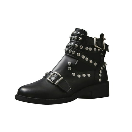 

Gzztg Shoes Women Women S Winter Solid Leather Boots With Buckle Round Toe And Chunky Heels