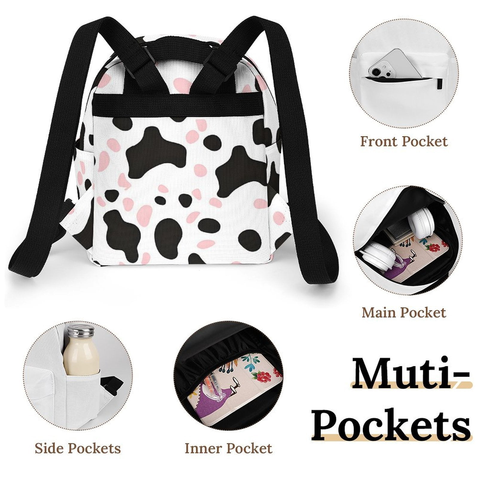 8.1×10in Casual Women'S Backpack With Anti-Contraction And Stretch For Sports Activities Travel Picnics Simple Cow Print Pattern White Background, Pink And White_1