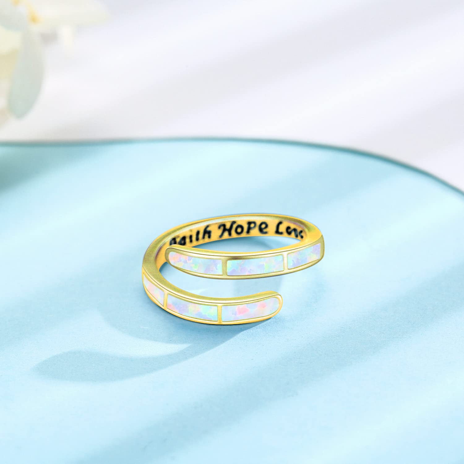 Coachuhhar Opal Rings for Women 925 Sterling Silver Faith Hope Love Rings Gold Adjustable Open Rings Opal Jewelry for Mother's Day