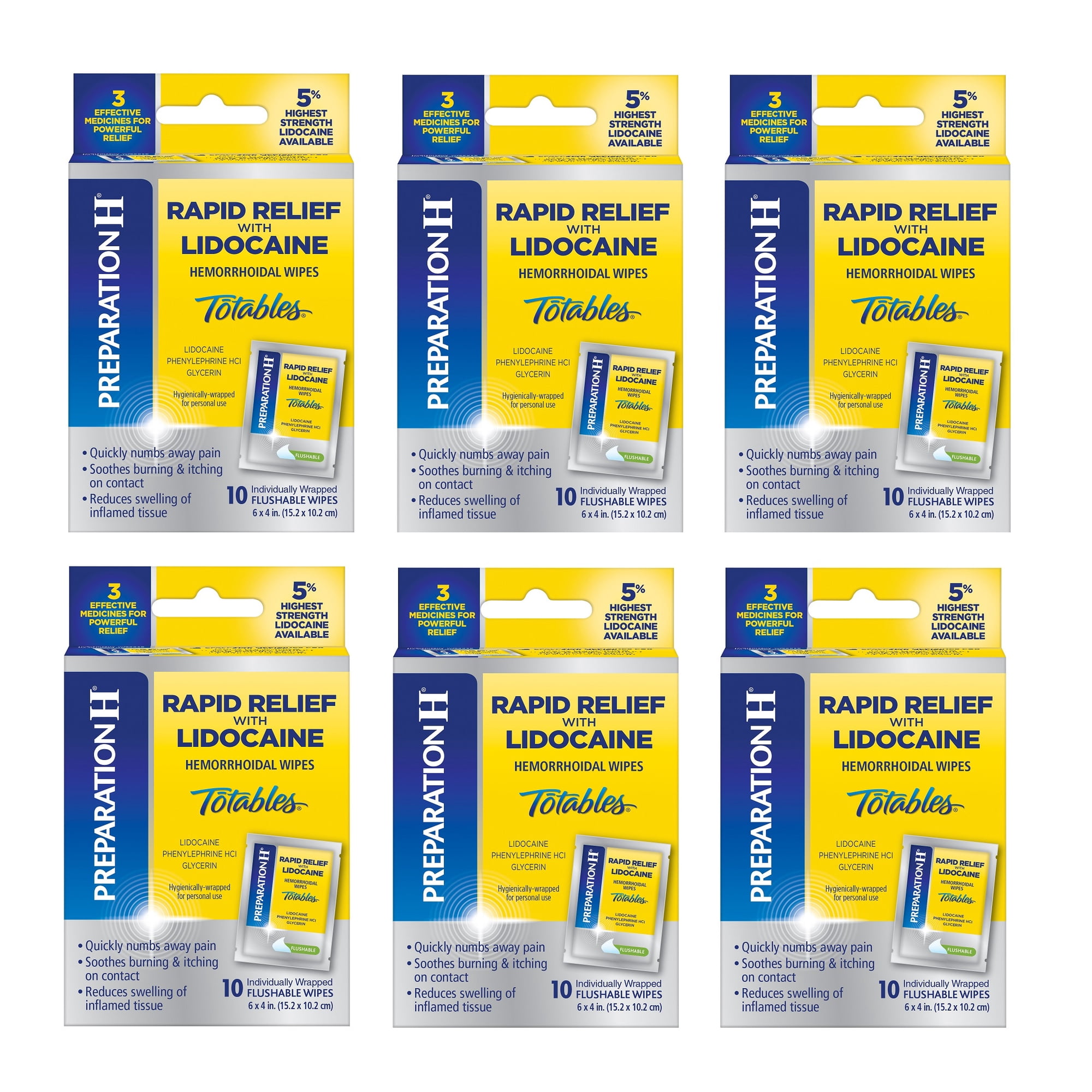 Preparation H Rapid Relief Flushable Totable Lidocaine Hemorrhoidal Wipes, 10 Count, 6 Pack