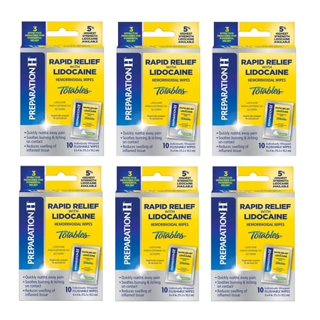 Preparation H Rapid Relief Flushable Totable Lidocaine Hemorrhoidal Wipes, 10 Count, 6 Pack