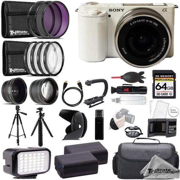 Sony ZV-E10 Mirrorless Camera  16-50mm Lens (Silver)   64GB   Extra Battery  9 PC Filter- ULTIMATE Kit (International Version)