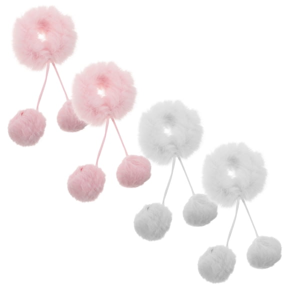 Raindrops 4Pcs Furry Hair Ties with Pom Poms Soft Plush Bands for Double Ponytails