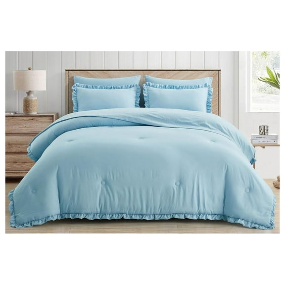 Eleanora Bed in a Bag King 7-Pieces Chambray Blue Ruffled Edge Trim Soft Washed Double Brushed Microfiber Comforter with Sheets Lightweight All Season Bedding Set Chambray Blue, Ruffled Edge