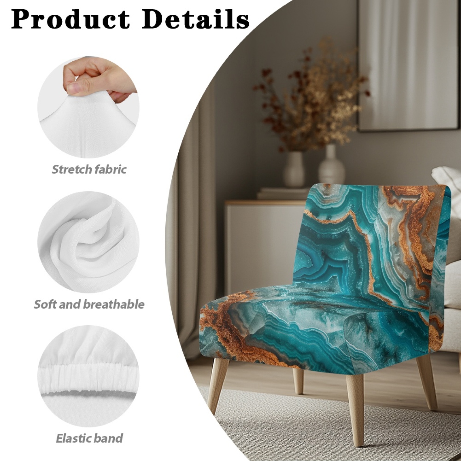 ZIATUBLES Small Armless Slipper Accent Chair Cover Slipcover Stretch Non-Slip Armless Couch Cover Washable Modern Sofa Furniture Protector Cover for Living Room, Blue Brown Marble
