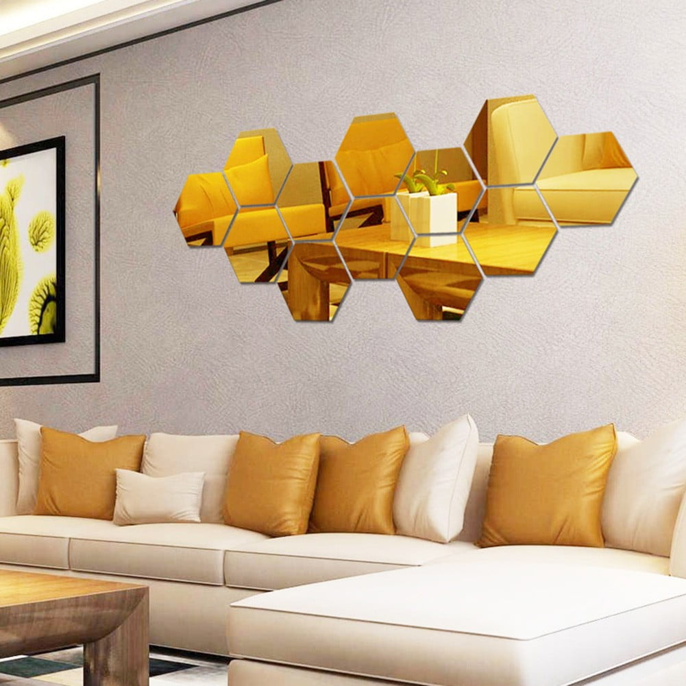 yaaqii 24pcs Golden Hexagon Mirror Wall Acrylic Self no glud Mosaic Tiles Stickers