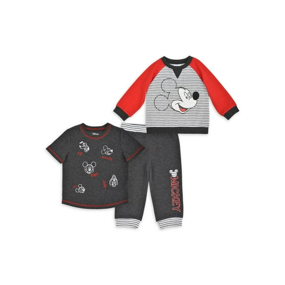 Mickey Mouse Baby Boy Outfit Set Fleece Long Sleeve Top, T-Shirt, and Pants, 3pc