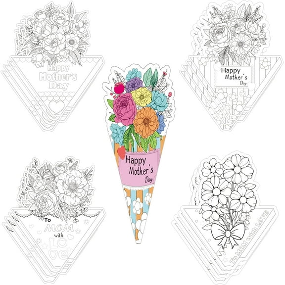 40 Sets Mother's Day DIY Flower Bouquet Kit 8 x 9.6 inch Color Your Own Paper Flowers for Classroom Activities Party Favors Gifts Coloring Crafts for School Home