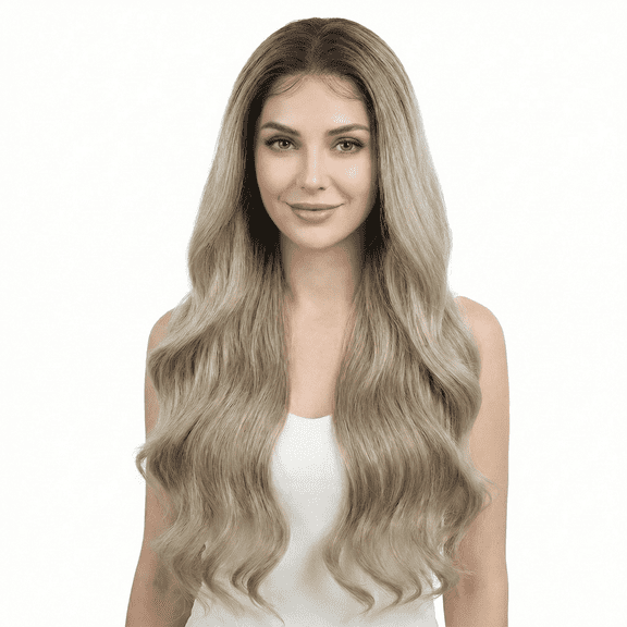 Happy Cc Women's Synthetic Long Wavy Wig 13x4 Lace Front 26 Inch, T-Ash Blonde