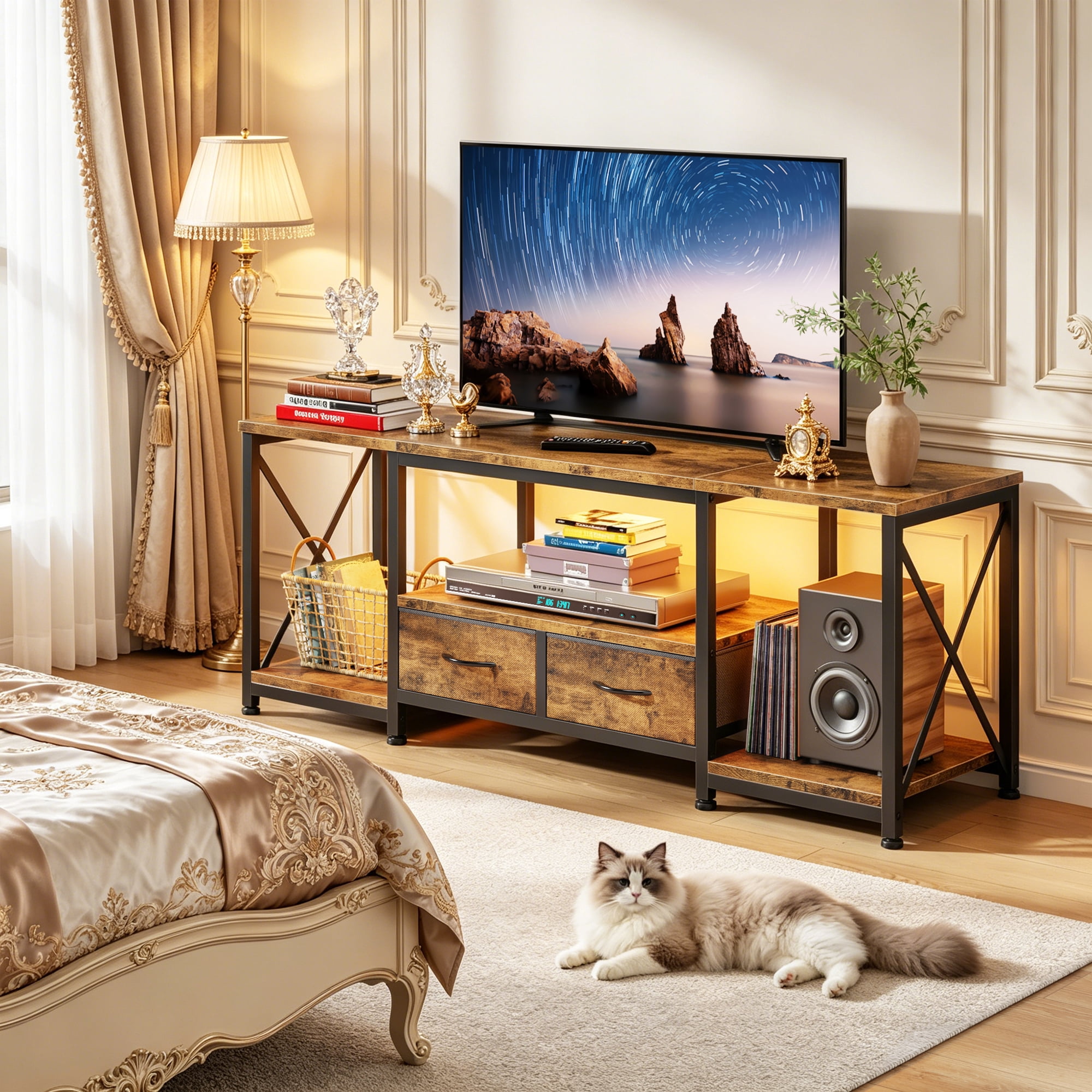 HIGDBFE TV Stand for TVs up to 55" with 2 Fabric Drawers, Industrial Entertainment Center with Open Shelves and Led Lights for Living Room Bedroom, Rustic Brown