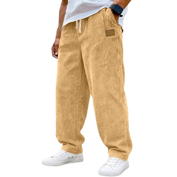 Resicozy Corduroy Casual Pants for Men Fashion Loose Fit Wide Leg Pants Straight Sweatpants with Pockets Elastic Waist Drawstring Yellow M