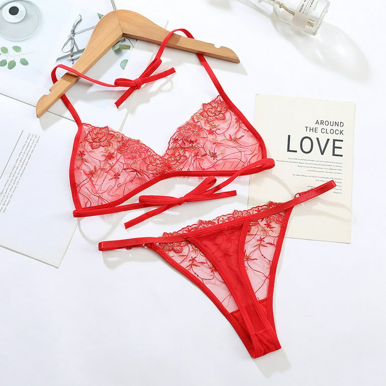 ALSLIAO Women Sexy Lace Sheer Bra Set Ultra-Thin Lingerie G-String Thong  Night Underwear Red S 