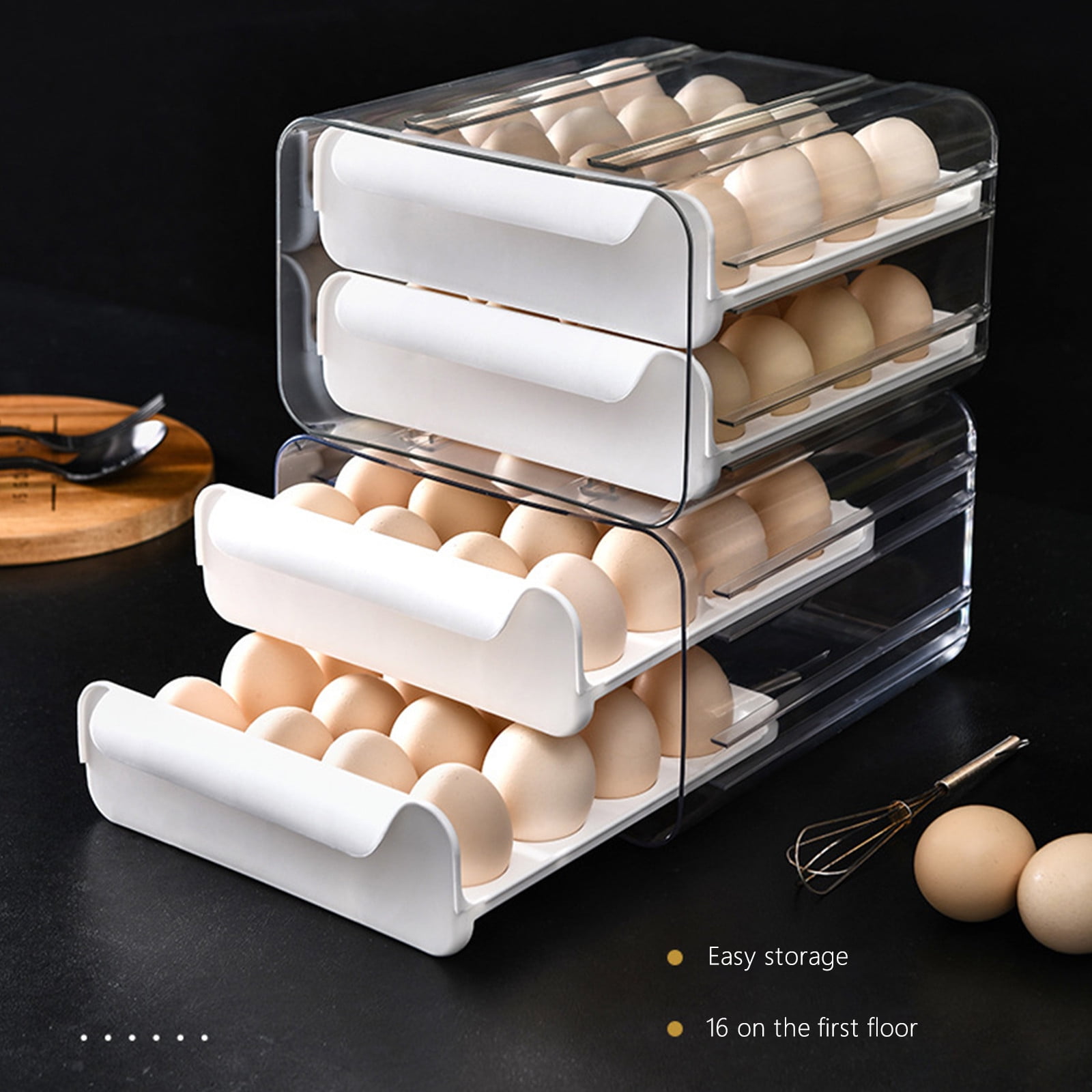 Deeceymbur Stackable Eggs Holder for Fridge Refrigerator Eggs Storage Drawer-Type Eggs Storage Box Eggs Organizer Kitchen Thickened Large-Capacity Eggs Tray