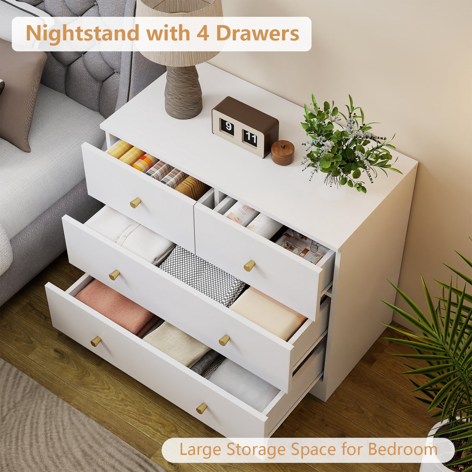 GVN Bedroom Dresser, Chest of Drawers, Modern Simple 4-Drawer Dresser for Bedroom, Living Room, White