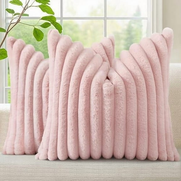 Faux Fur Throw Pillow Covers 20x20 Set of 2, Decorative Soft Plush Striped Neutral Couch Euro Pillow Covers with Velvet Back for Sofa, Bed, Living Room Home Decor, Pink