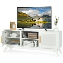 Topbuy TV Console Table with Storage for TV up to 65" Wood Entertainment Center w/Rattan Cabinets for Living Room Bedroom White