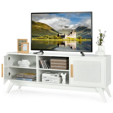 Topbuy TV Console Table with Storage for TV up to 65" Wood Entertainment Center w/Rattan Cabinets for Living Room Bedroom White