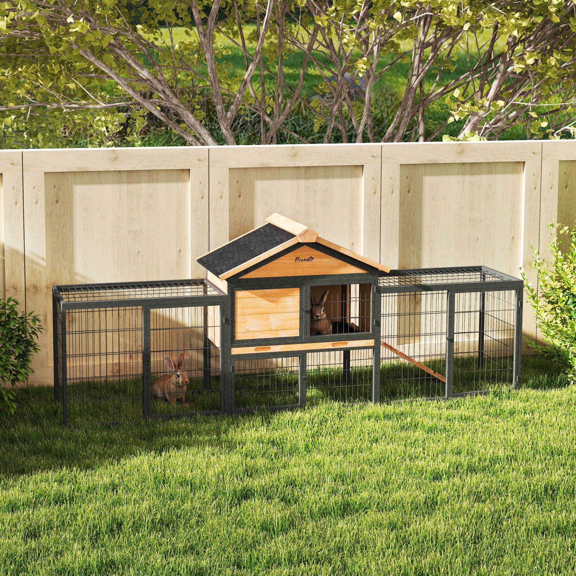 PawHut Rabbit Hutch Outdoor, 85" Large Bunny Cage with Steel Run, Removable Plastic Tray, Asphalt Roof, Ramp, for 2-3 Rabbits, Guinea Pigs